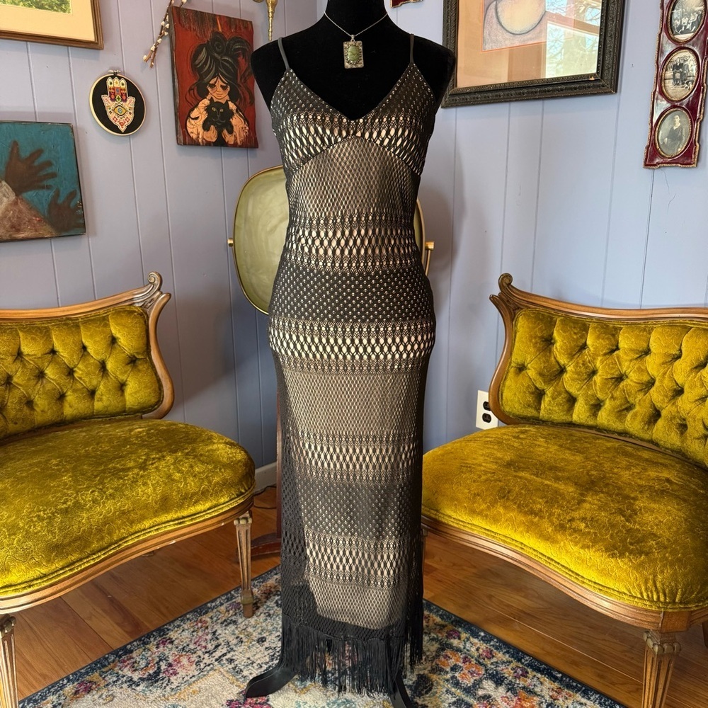 Vintage 90s/Y2K Fredericks of Hollywood Black Crochet Lace Fringed Maxi Dress